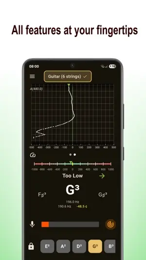 Fine Tuner interface showing precise tuning with frequency display and needle indicator