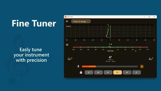 Fine Tuner interface showing precise tuning with frequency display and needle indicator