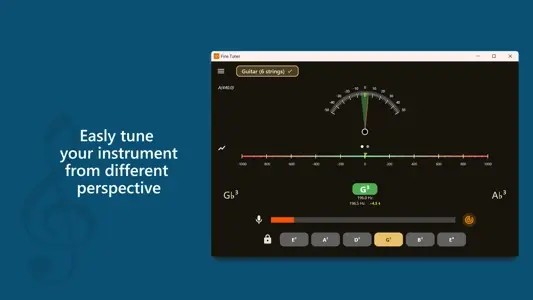 Fine Tuner interface showing precise tuning with frequency display and needle indicator