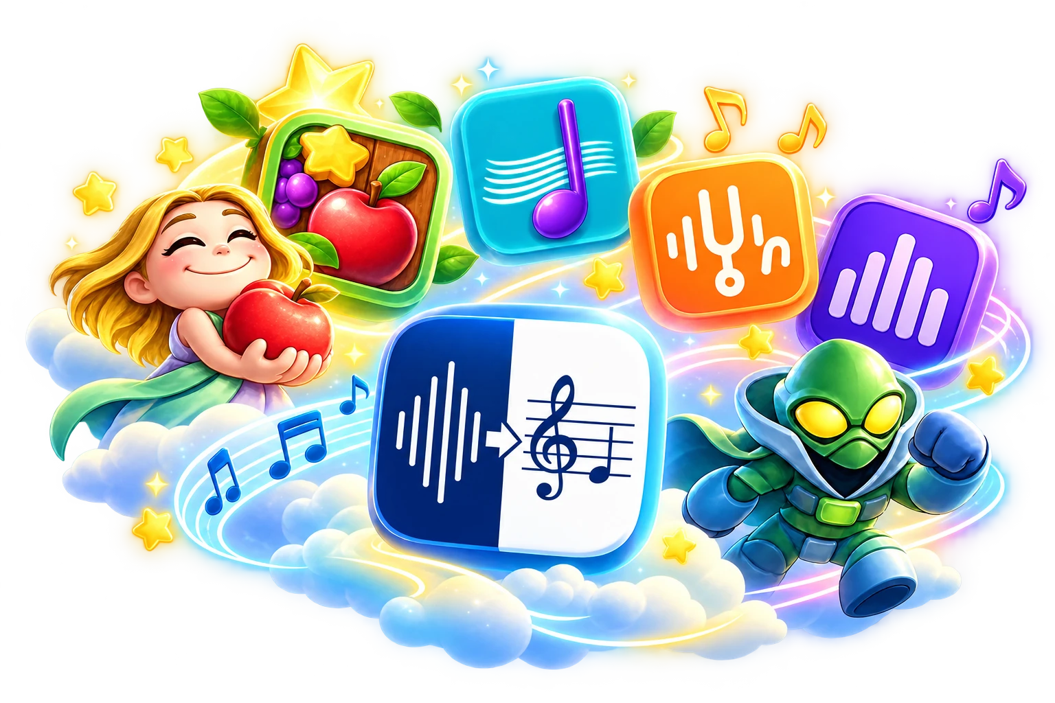 UrionSoft apps illustration, including Midi to Sheet and NoteRider