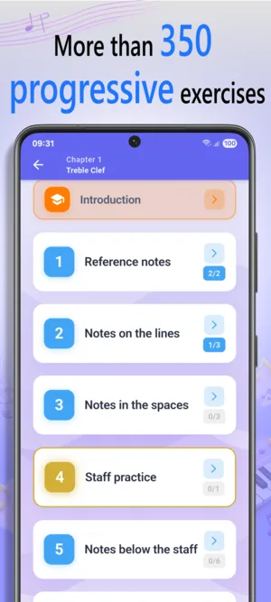NoteRider statistics screen showing detailed results by note and clef