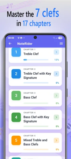 NoteRider Android clef selection screen with treble, bass and C clefs