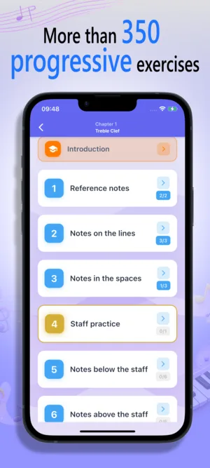 NoteRider iOS screenshot showing exercise statistics and note tracking