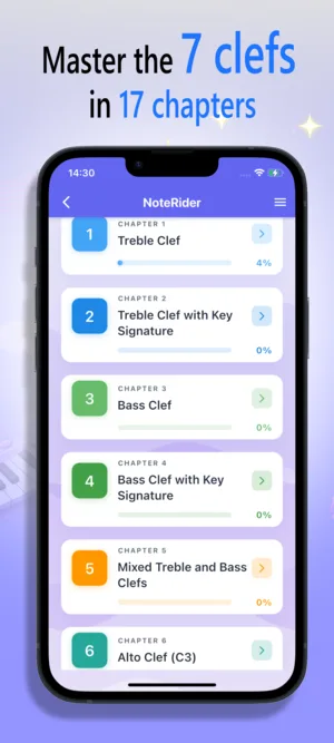 NoteRider iOS clef selection screen