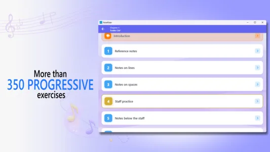 NoteRider Windows screenshot showing exercise statistics and progress tracking