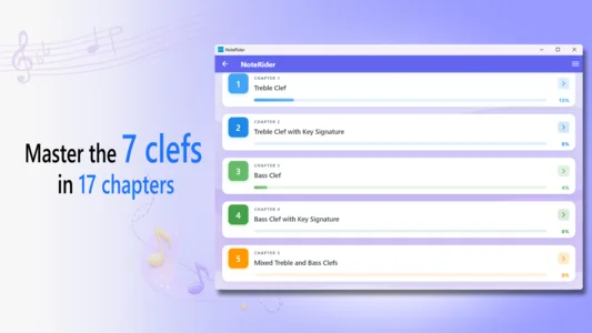 NoteRider Windows screenshot showing clef and exercise selection