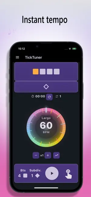 TickTuner iOS metronome interface with BPM control from 10 to 300